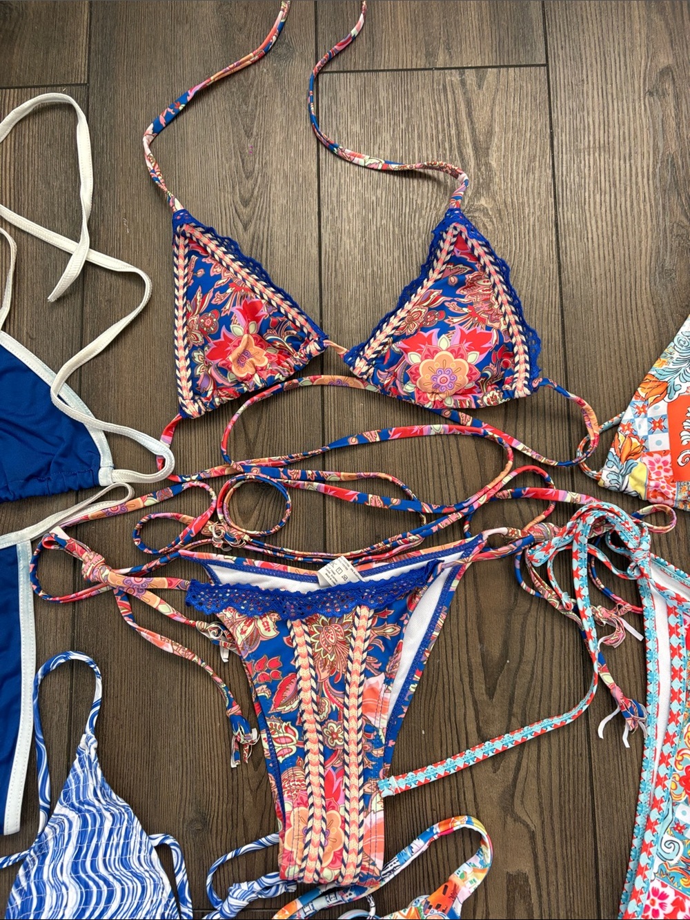 Mixed Pattern String Bikini Set - Blue, Orange, Red, Multicolor - Picture 4 of 6